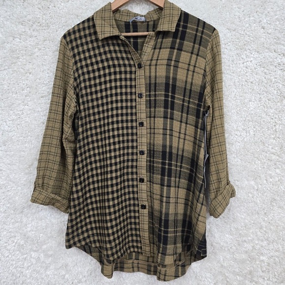 Habitat Shirt Womens Small Brown Plaid Boyfriend Tunic Roll Tab Sleeve Button - Picture 1 of 11